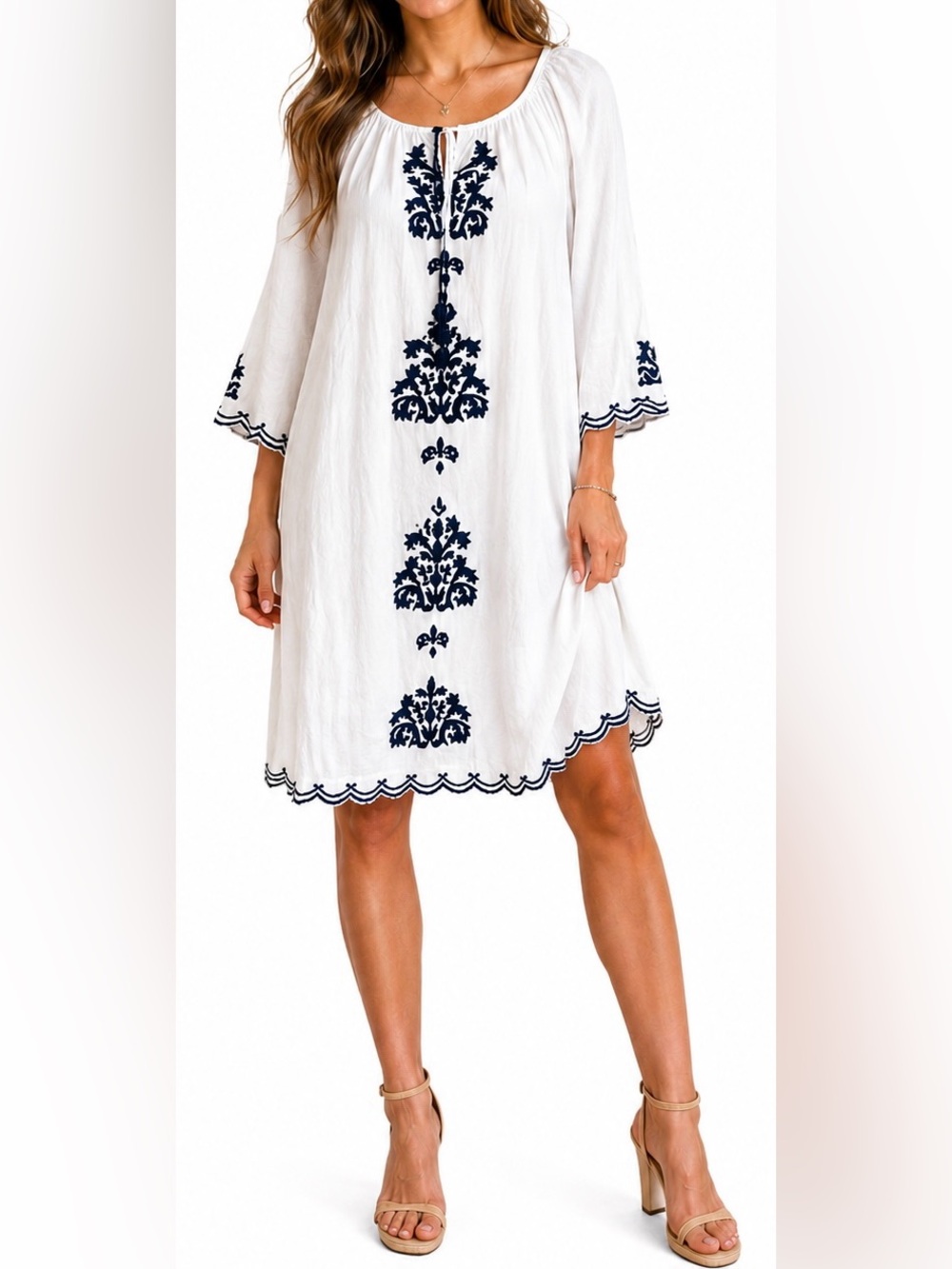 Chic Collection White Blue Embroidered Boho Dress Size M